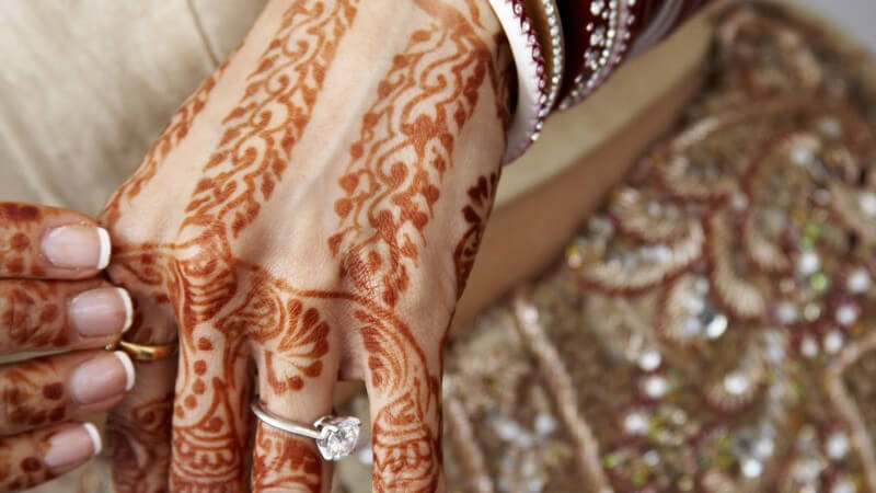 Hände einer Hindu Braut, mit Henna bemalt