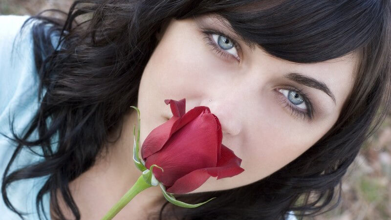 Dunkelhaarige hübsche Frau riecht an roter Rose