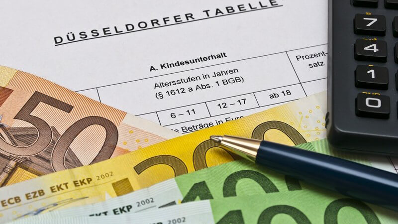 Geldscheine, Taschenrechner und Kugelschreiber liegen auf einem Papier zur Düsseldorfer Tabelle