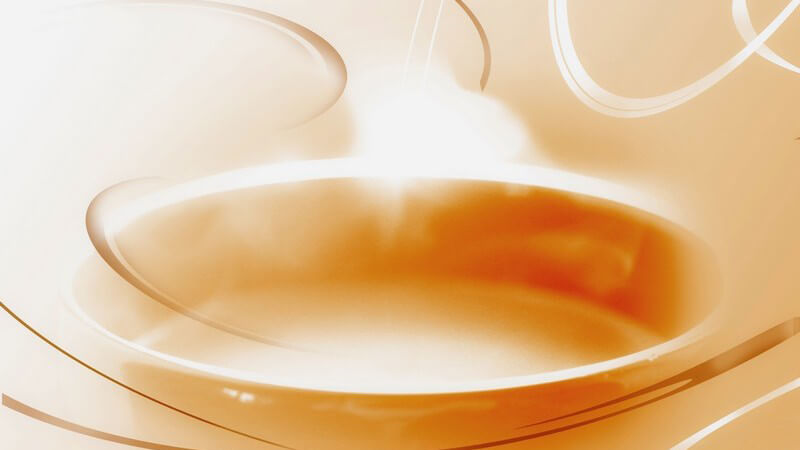 Grafik Kaffeetasse mit aufsteigendem Dampf, beiger Hintergrund mit geschwungenen Linien