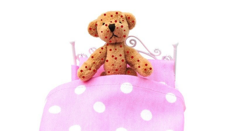 Teddybär mit roten Punkten im Bett mit rosaner Bettwäsche