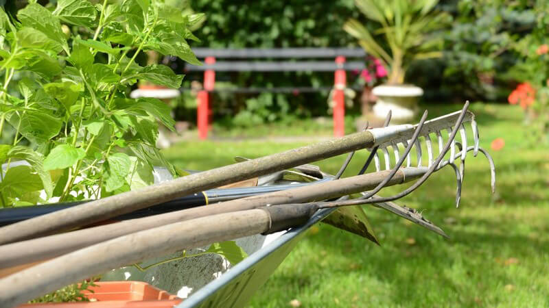 Geräte für Gartenarbeit wie Harke und Rechen in Schubkarre