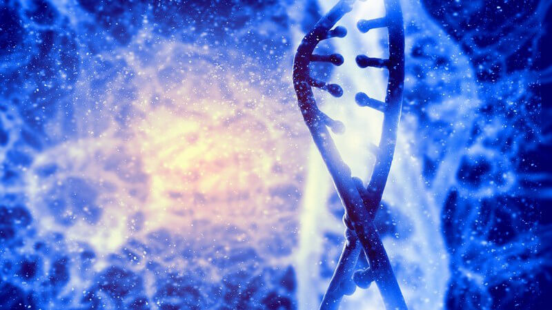 Blaue 3-D-Grafik eines DNA-Moleküls vor abstraktem Hintergrund