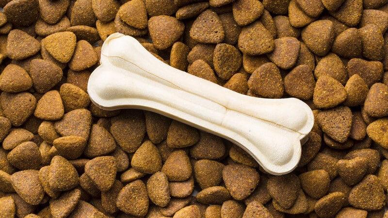 Weißer Hundeknochen liegt auf einem Haufen Trockenfutter