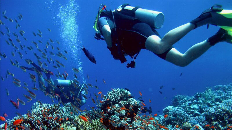 Taucher mit Taucherausrüstung unter Wasser bei Korallen