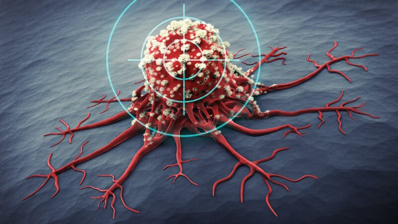 3-D-Grafik einer roten Killerzelle, im Visier eines blauen Fadenkreuzes