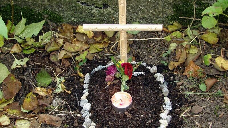 Kleines Tiergrab mit Holzkreuz und Teelicht, umrandet mit kleinen Steinchen