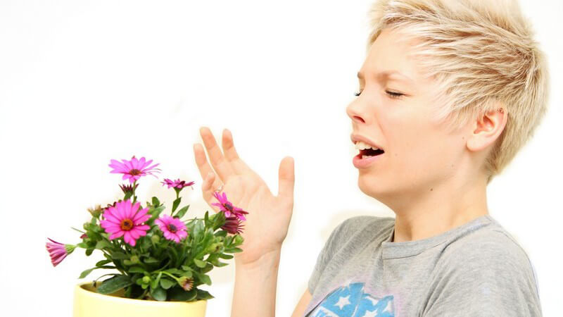 Allergie - Frau hält Blumen in Hand und muss niesen