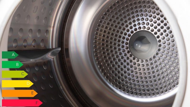 Blick in die Trommel einer Waschmaschine, in der Ecke die Energieeffizienz-Klassen A bis G