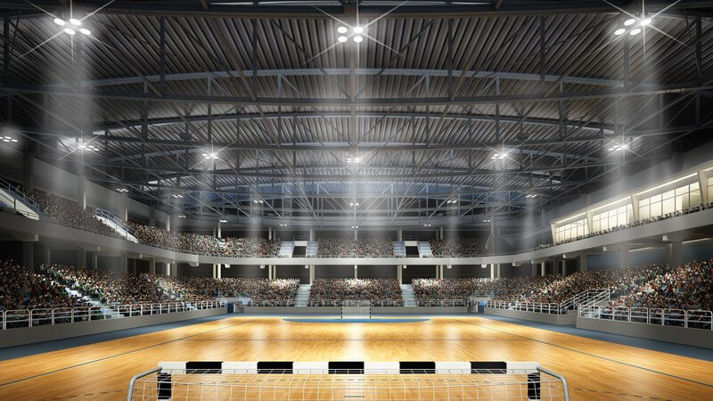 3-D-Grafik einer Multifunktionshalle mit Handballtoren, die Tribünen voller Zuschauer