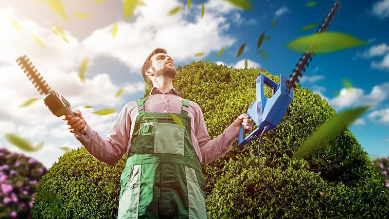 Gartenarbeit: Mann (Gärtner) mit Heckenschere im Garten, um ihn herum wirbeln Blätter einer Hecke