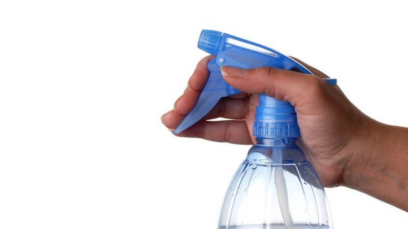 Sprayflasche mit Wasser wird gehalten, weißer Hintergrund