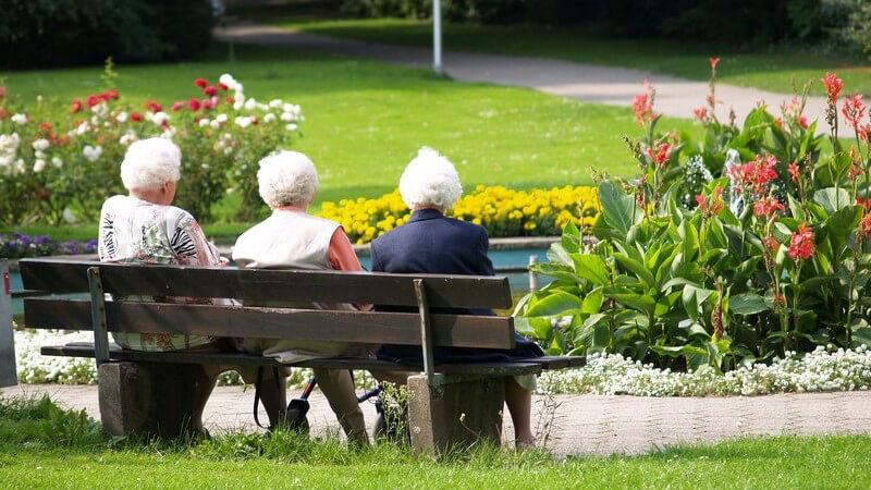Rückenansicht drei Rentnerinnen mit weißen Haaren auf Parkbank