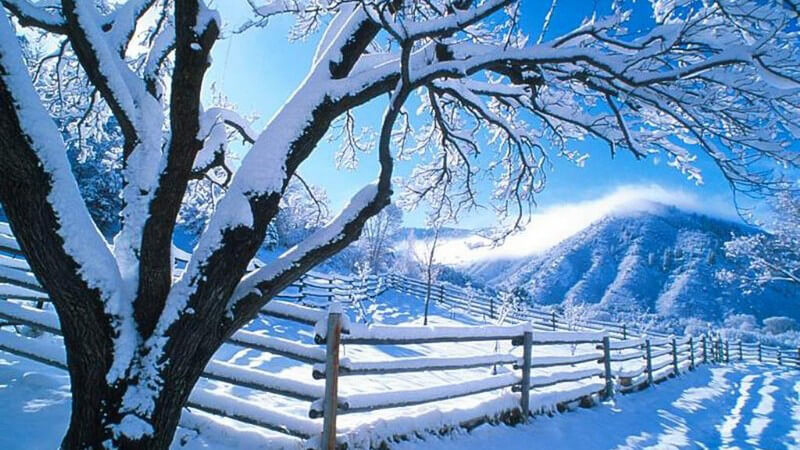 Winterlandschaft mit Bergen unter blauem Himmel