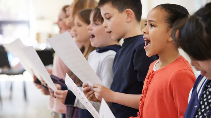 Kinder stehen nebeneinander, halten ein Notenblatt und singen im Chor
