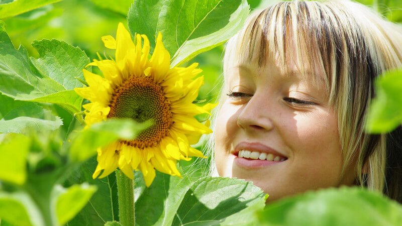 Gesicht einer jungen Frau im Grünen neben Sonnenblume